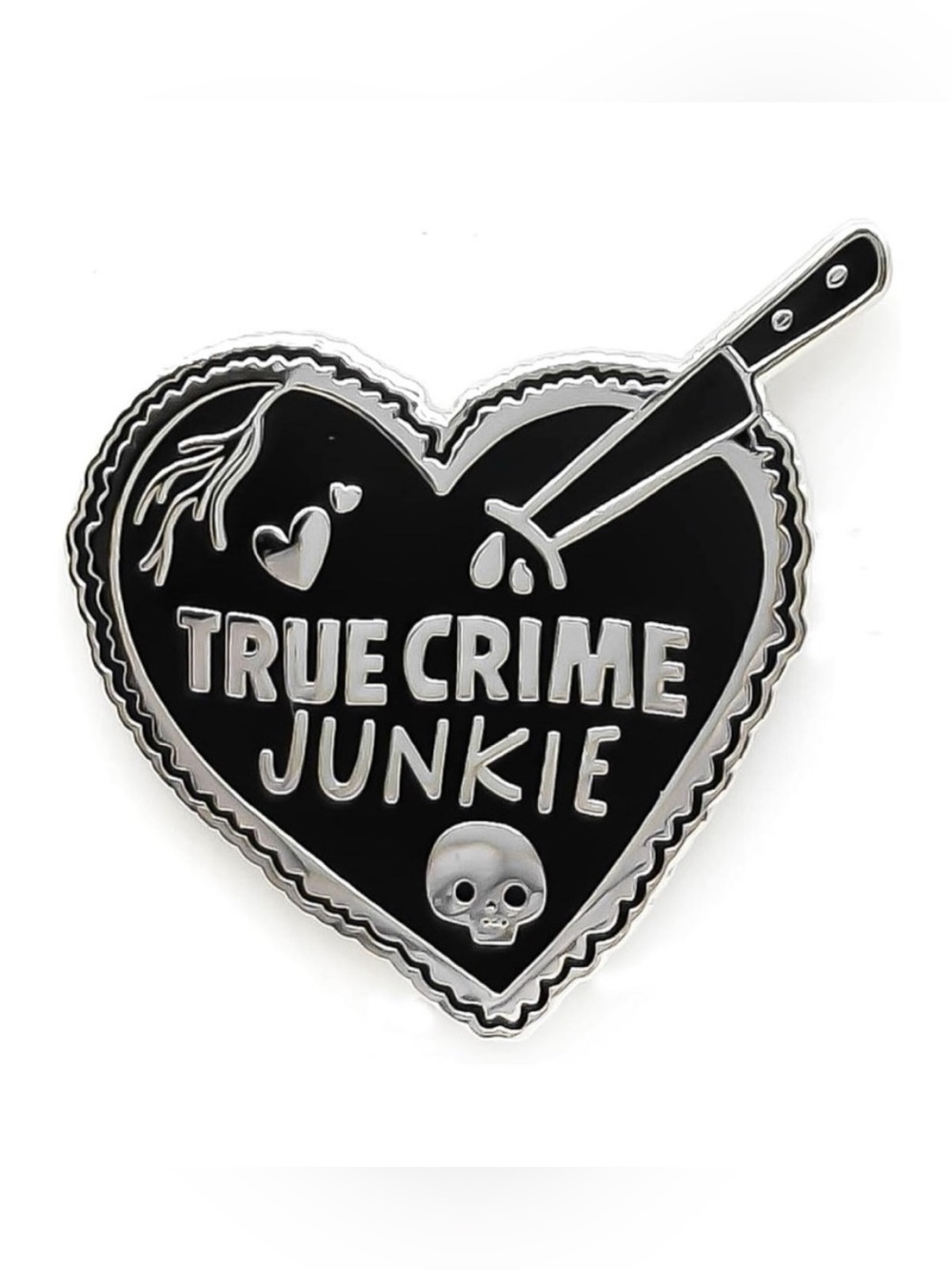 NEW “True Crime Junkie” Pin Cute Enamel Pink Heart Knife Design Silver Black
